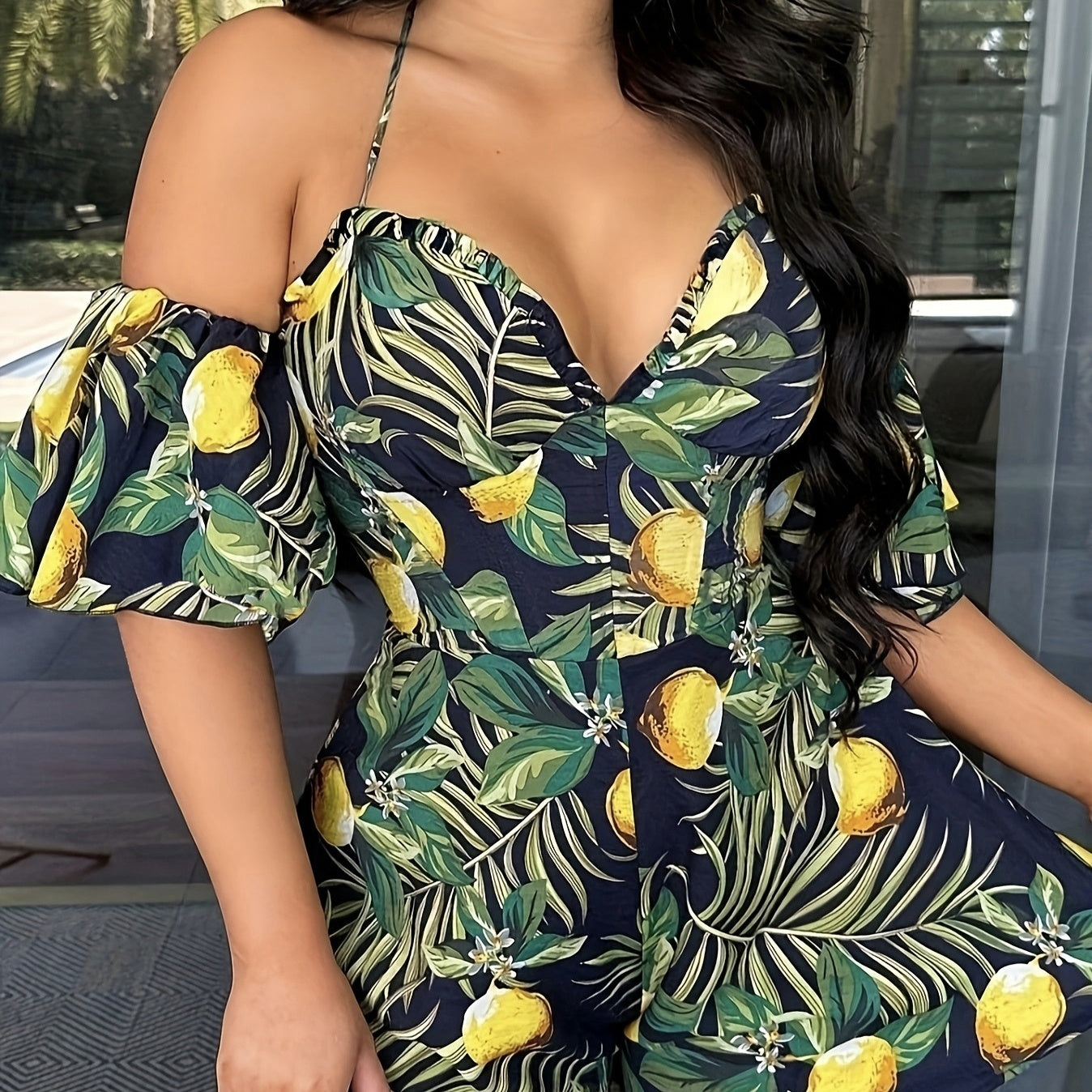 Women's Elegant Off-Shoulder Tropical Island Fruit Printed Jumpsuit With V-Neck, Ruffled Short Sleeves, Perfect for Vacation or Resort Wear