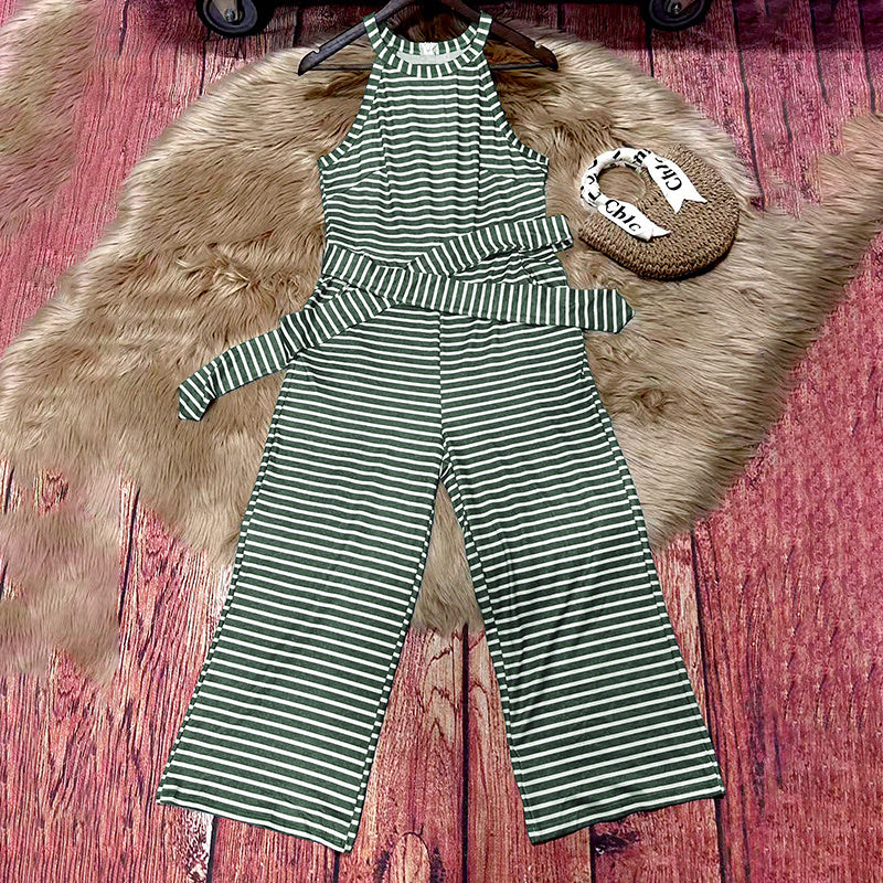 Womens Stripe Tie-Waist Wide Leg Jumpsuit