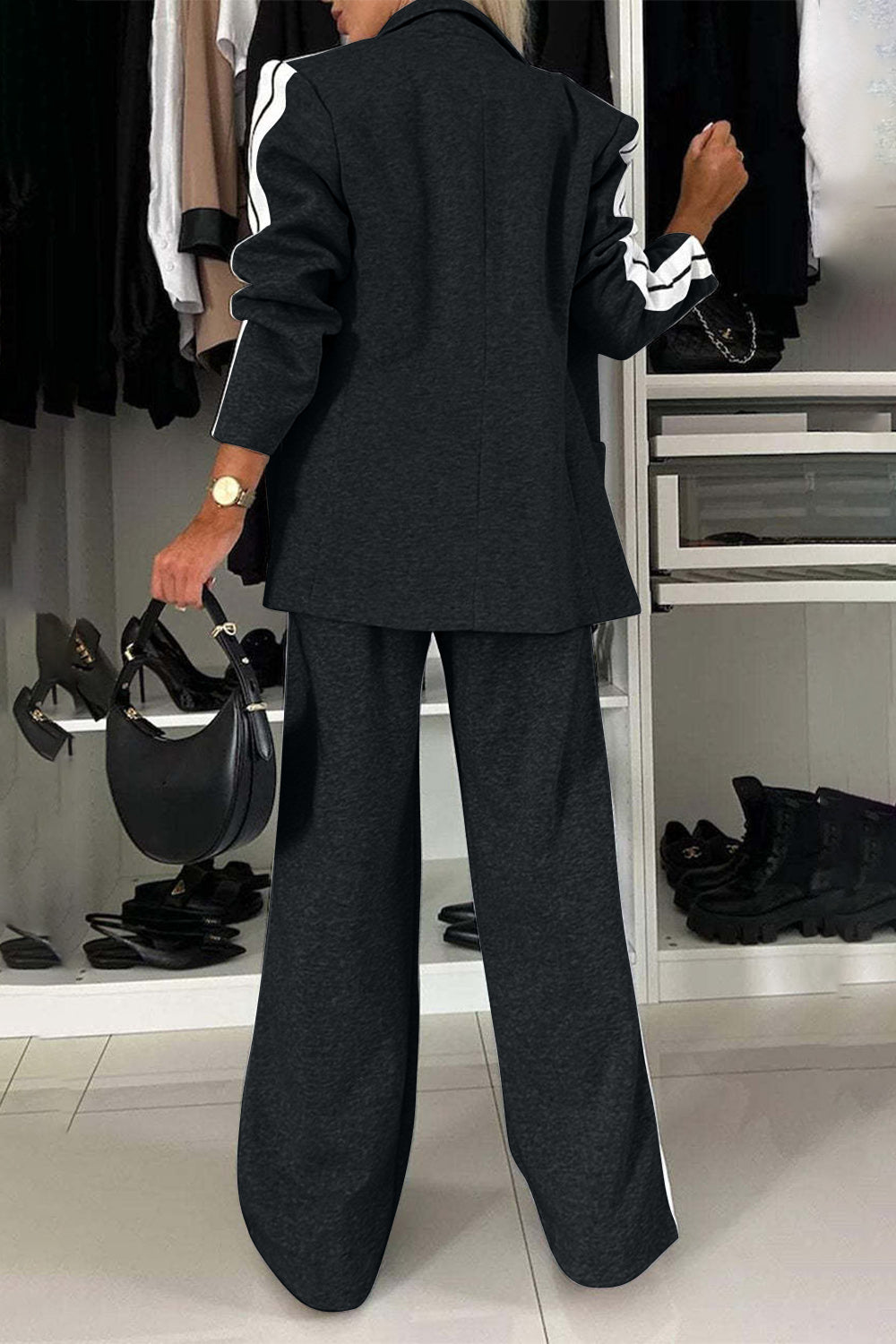 Full Size Contrast Lapel Collar Top and Pants Set