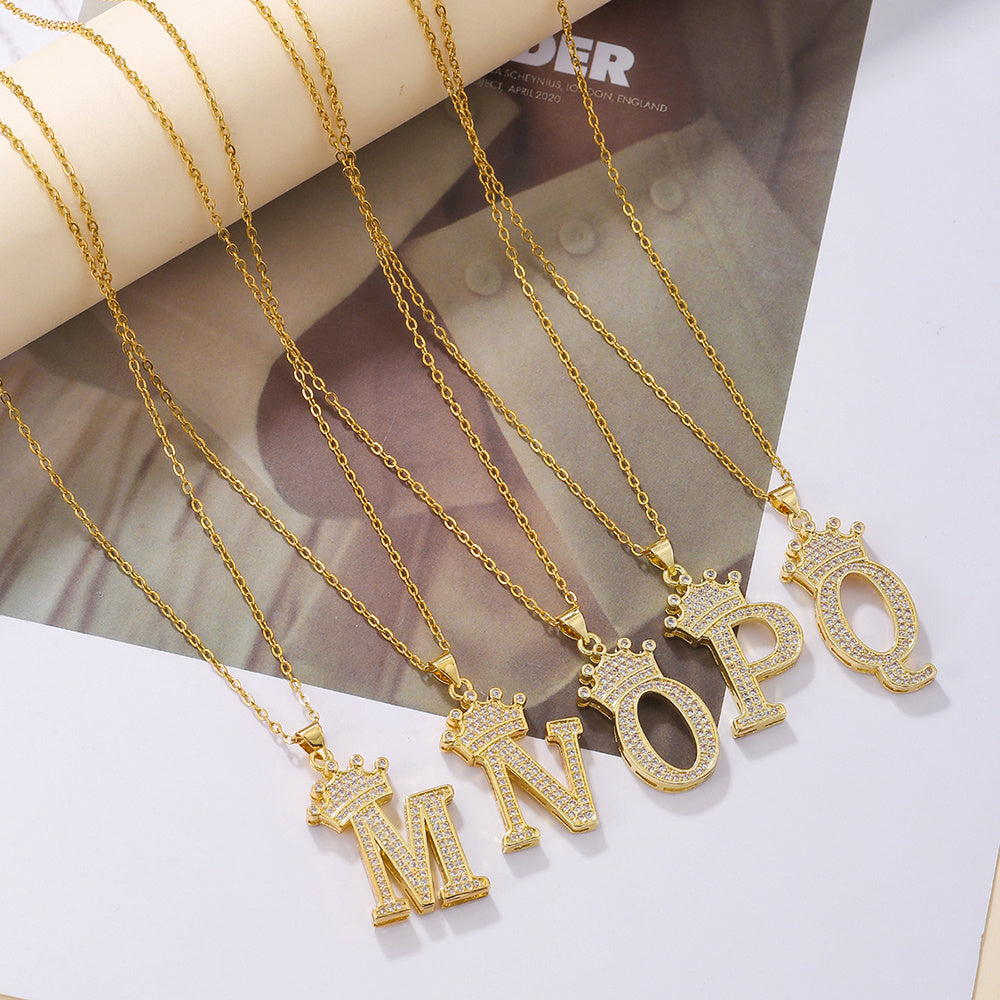 Gold Diamond Queen-City Crown Letter Necklace