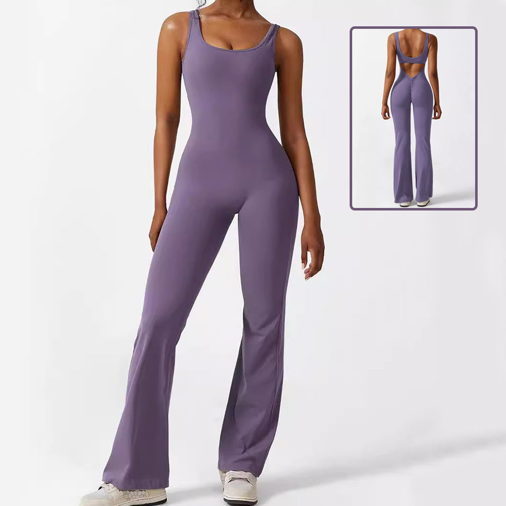 Womens Backless & Seamless Ruched Flare Yoga Jumpsuit