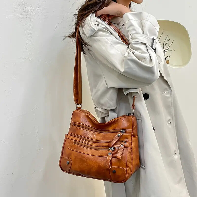 Womens Large Capacity Washed Leather Multi Zipper Messenger Bag