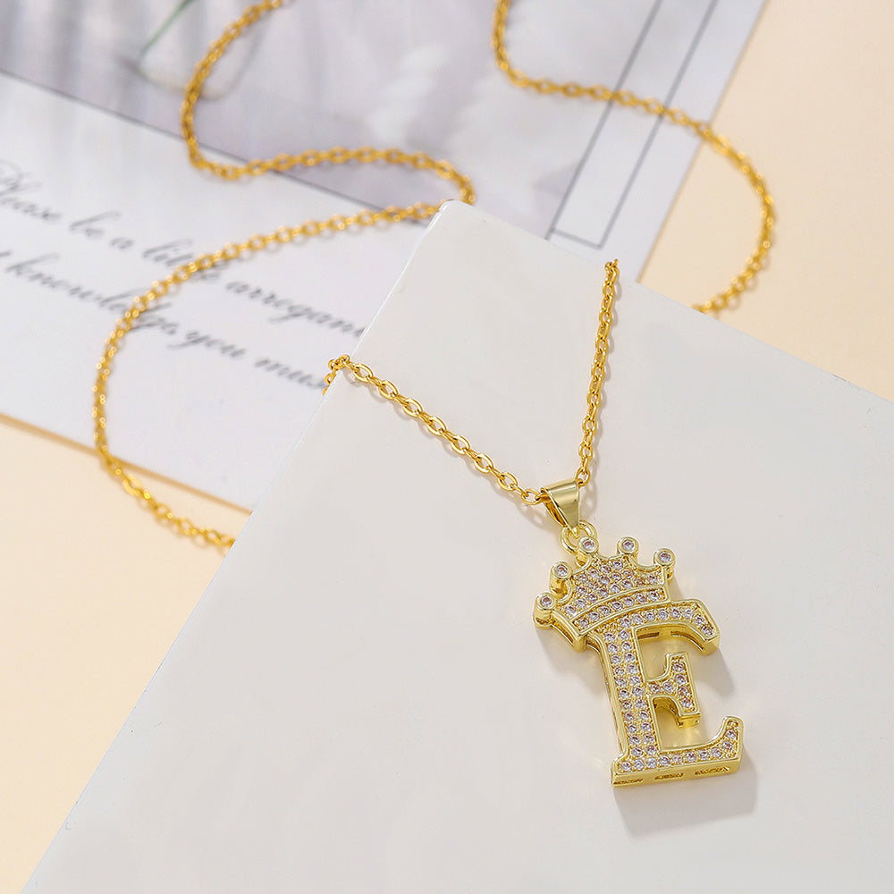 Gold Diamond Queen-City Crown Letter Necklace