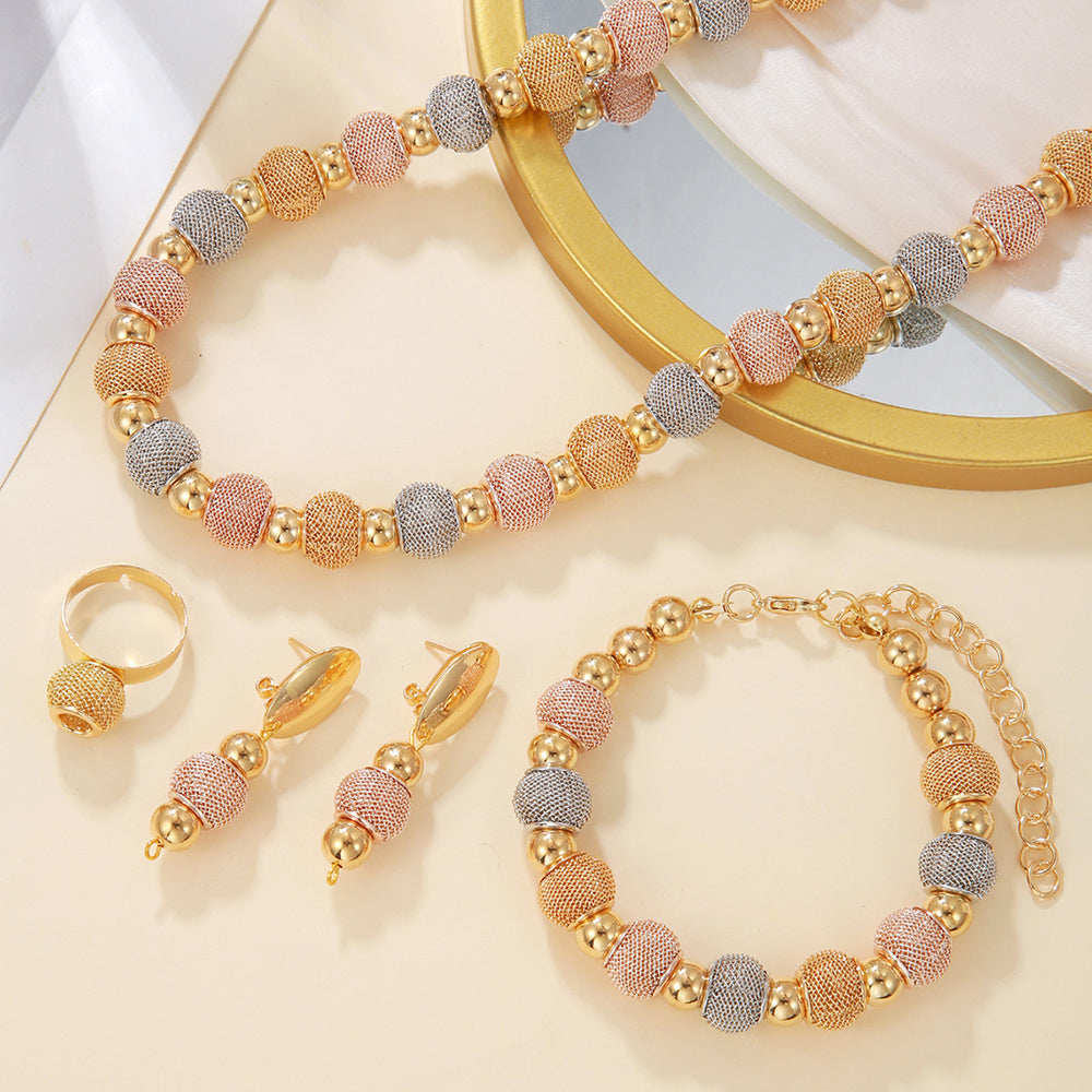 Radiant Embrace: Silver,Yellow & Rose Gold Bead Blend– 5-Piece Jewelry Set