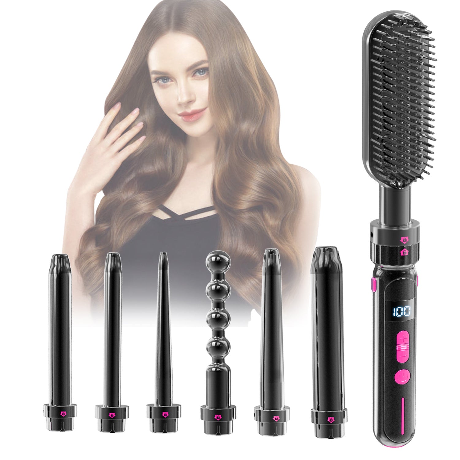 LUSTROUS HAIR 7-in-1 Curly & Straight Interchangeable Curling & Flat Iron Wand Set