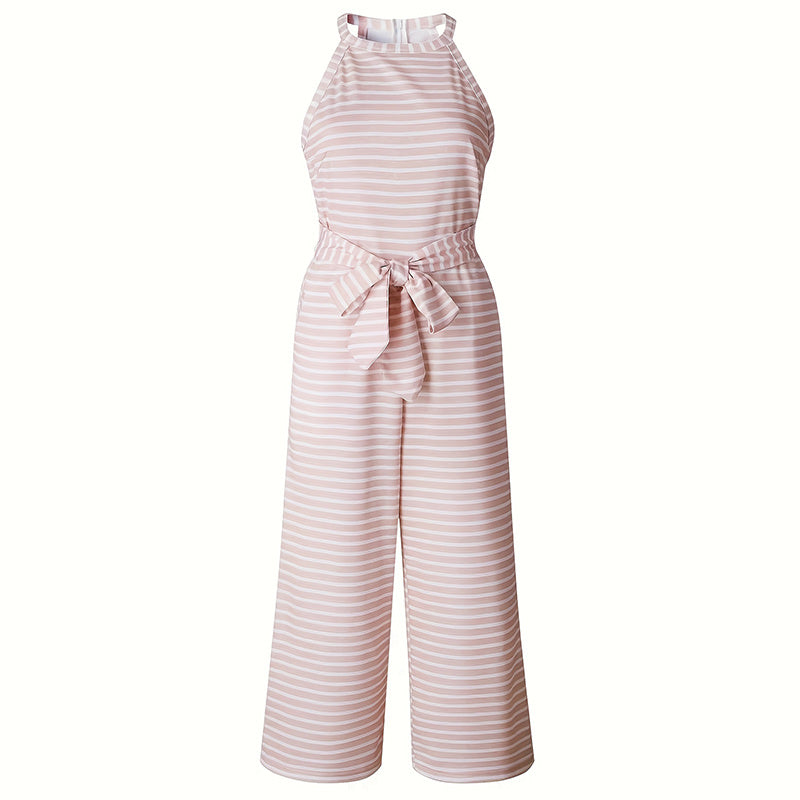 Womens Stripe Tie-Waist Wide Leg Jumpsuit