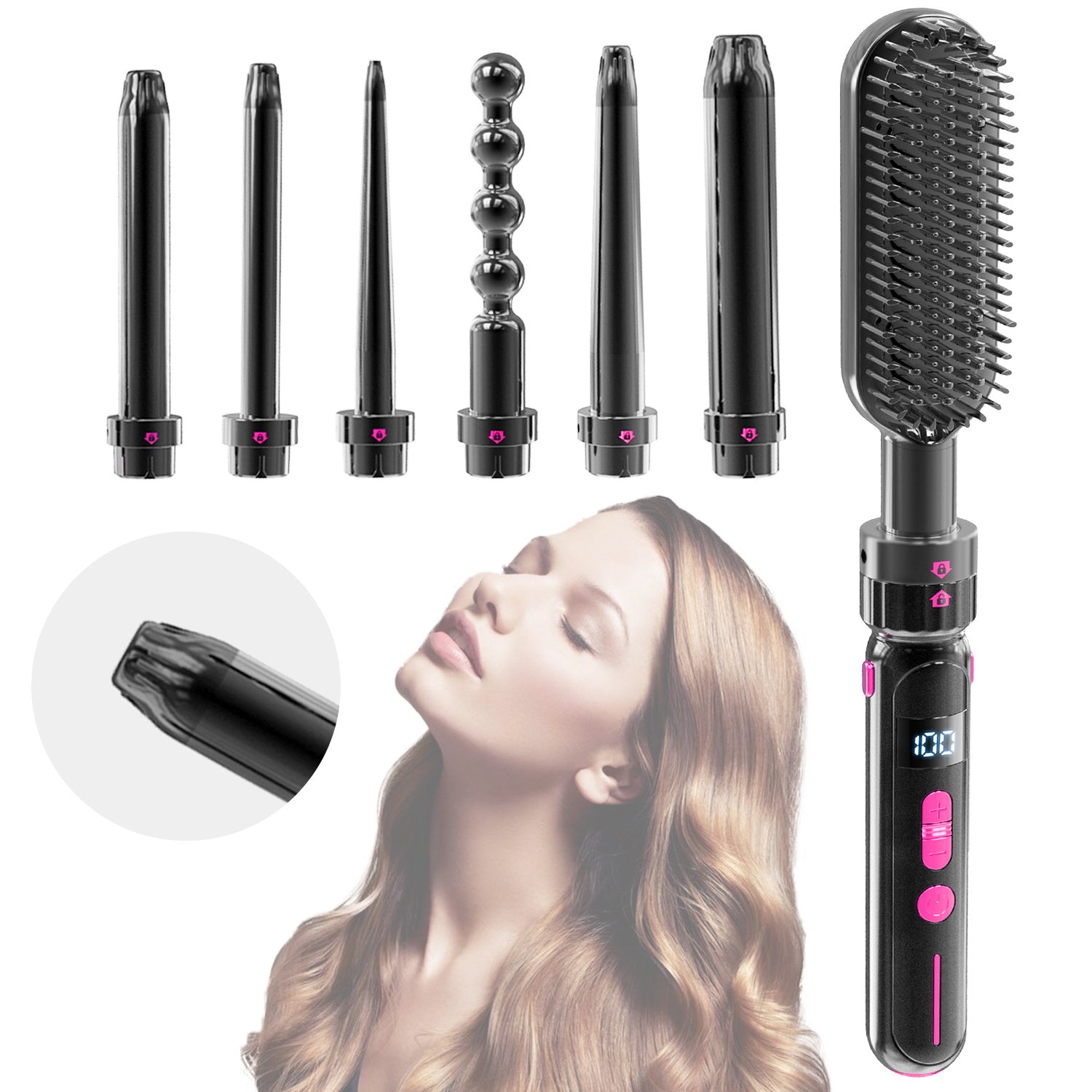 LUSTROUS HAIR 7-in-1 Curly & Straight Interchangeable Curling & Flat Iron Wand Set