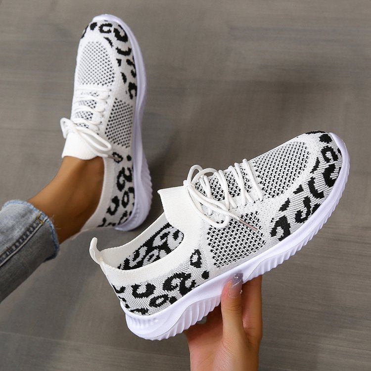 White Leopard Print Lace-up Sports Sneakers