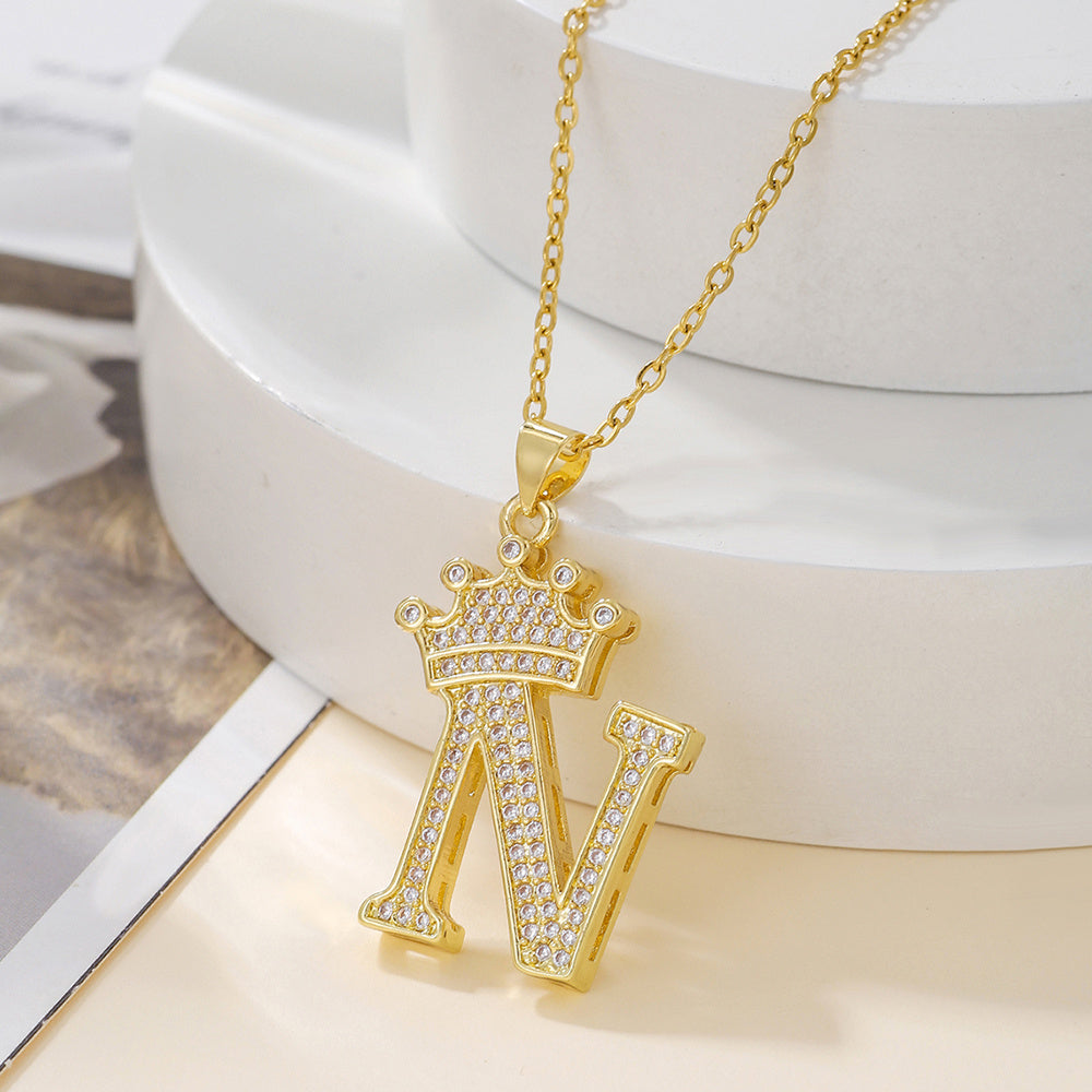 Gold Diamond Queen-City Crown Letter Necklace