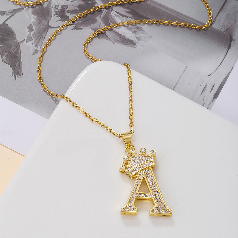 Gold Diamond Queen-City Crown Letter Necklace