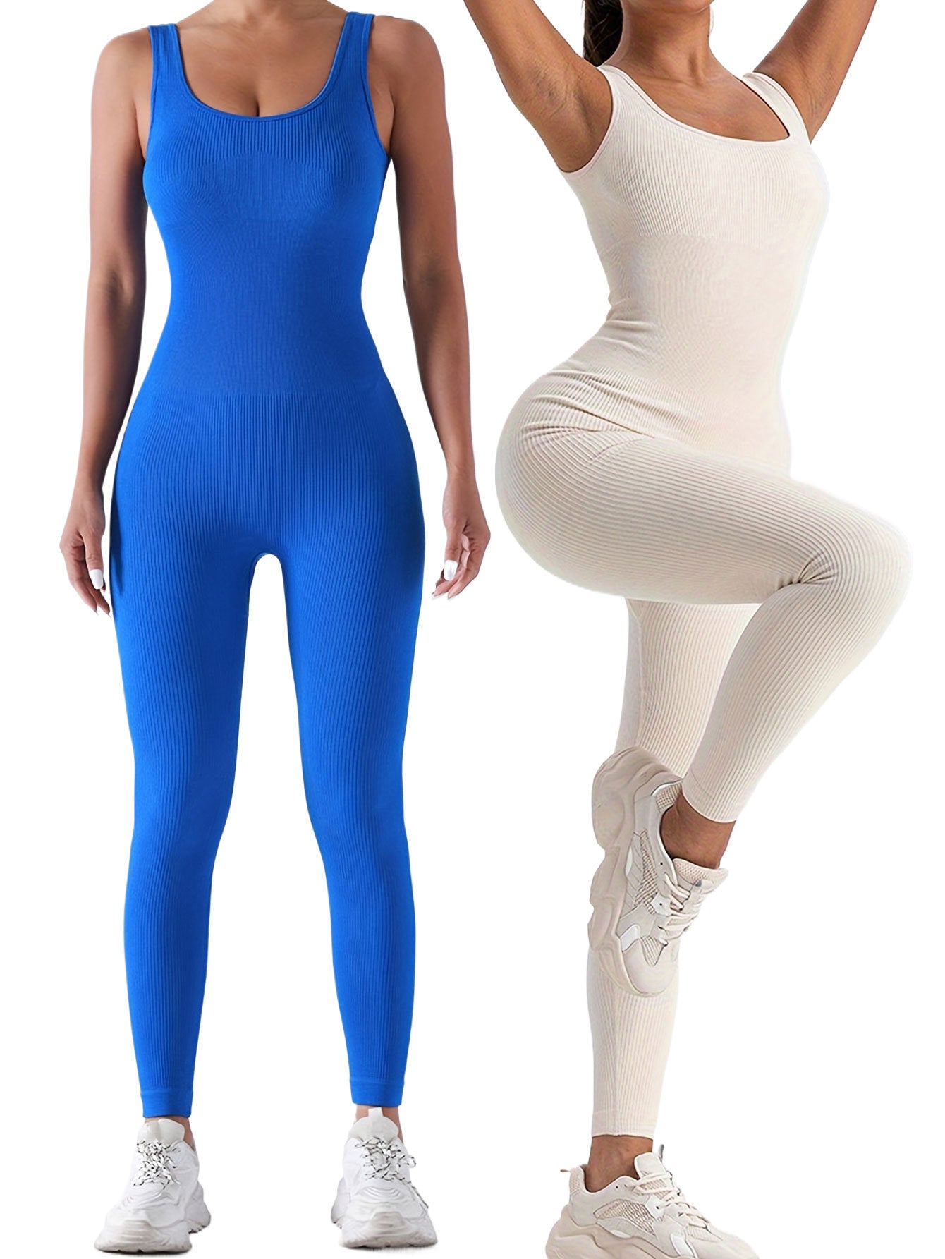 2 Pack Women's Ribbed Solid Color  Form-Fitting  Activewear One-Piece Jumpsuits