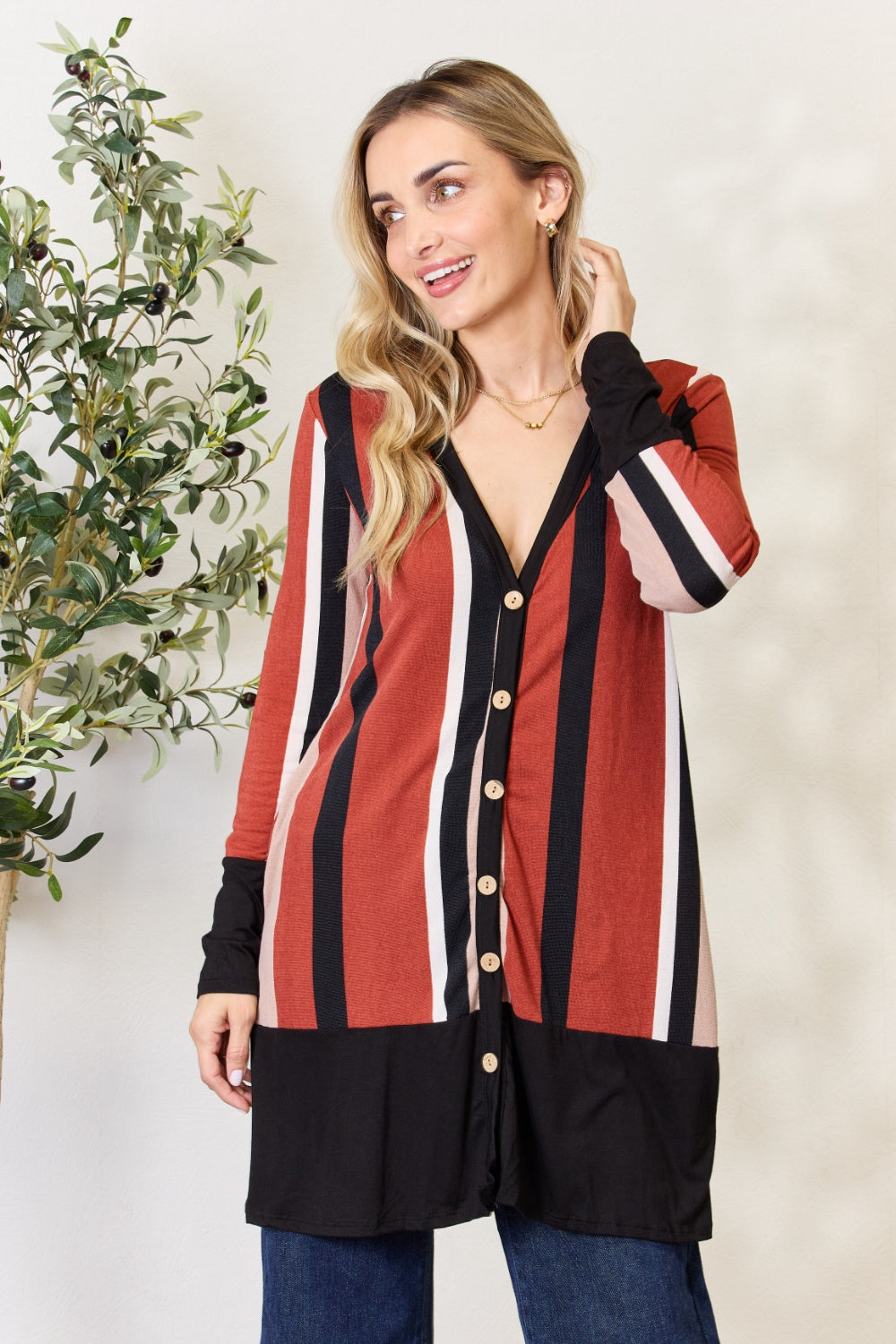 Celeste Full Size Striped Button Up Long Sleeve Cardigan