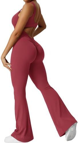 Womens Backless & Seamless Ruched Flare Yoga Jumpsuit