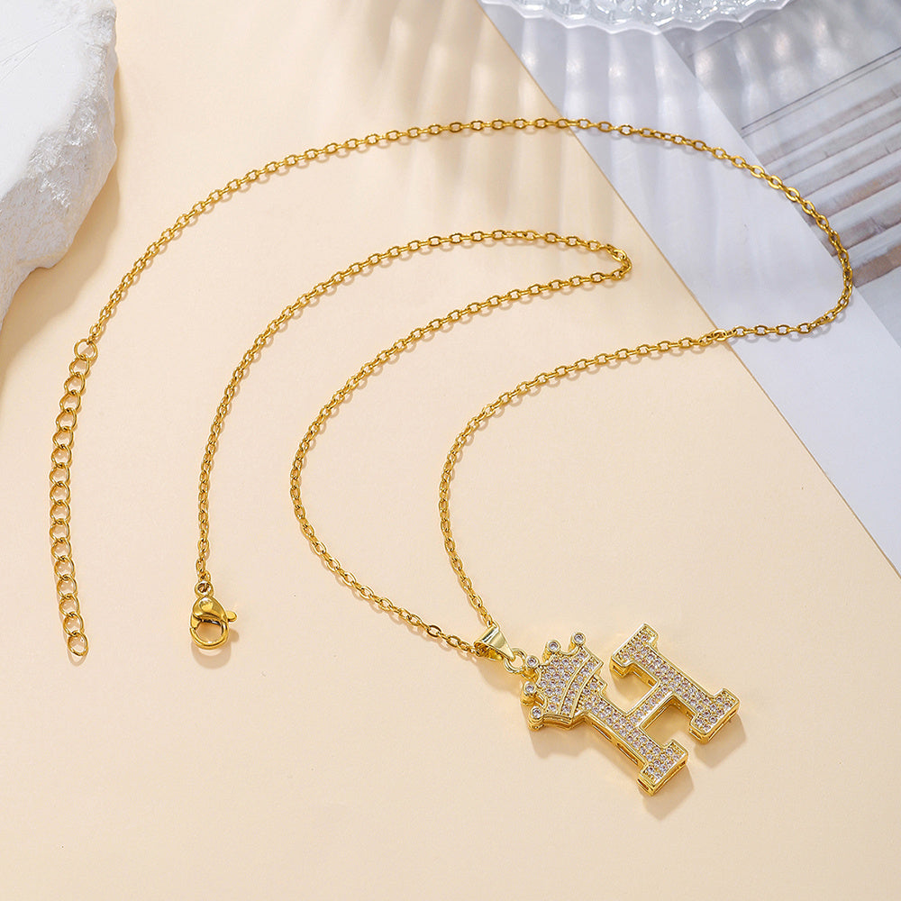 Gold Diamond Queen-City Crown Letter Necklace