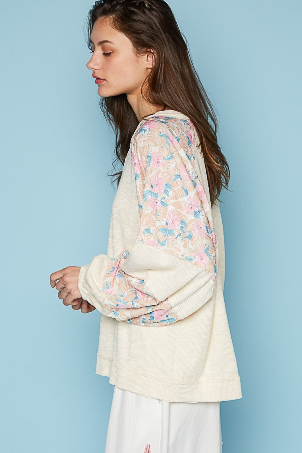 POL Round Neck Balloon Floral Long Sleeve Top