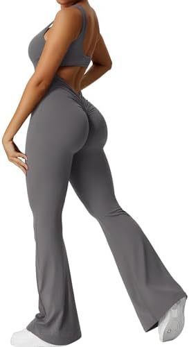 Womens Backless & Seamless Ruched Flare Yoga Jumpsuit
