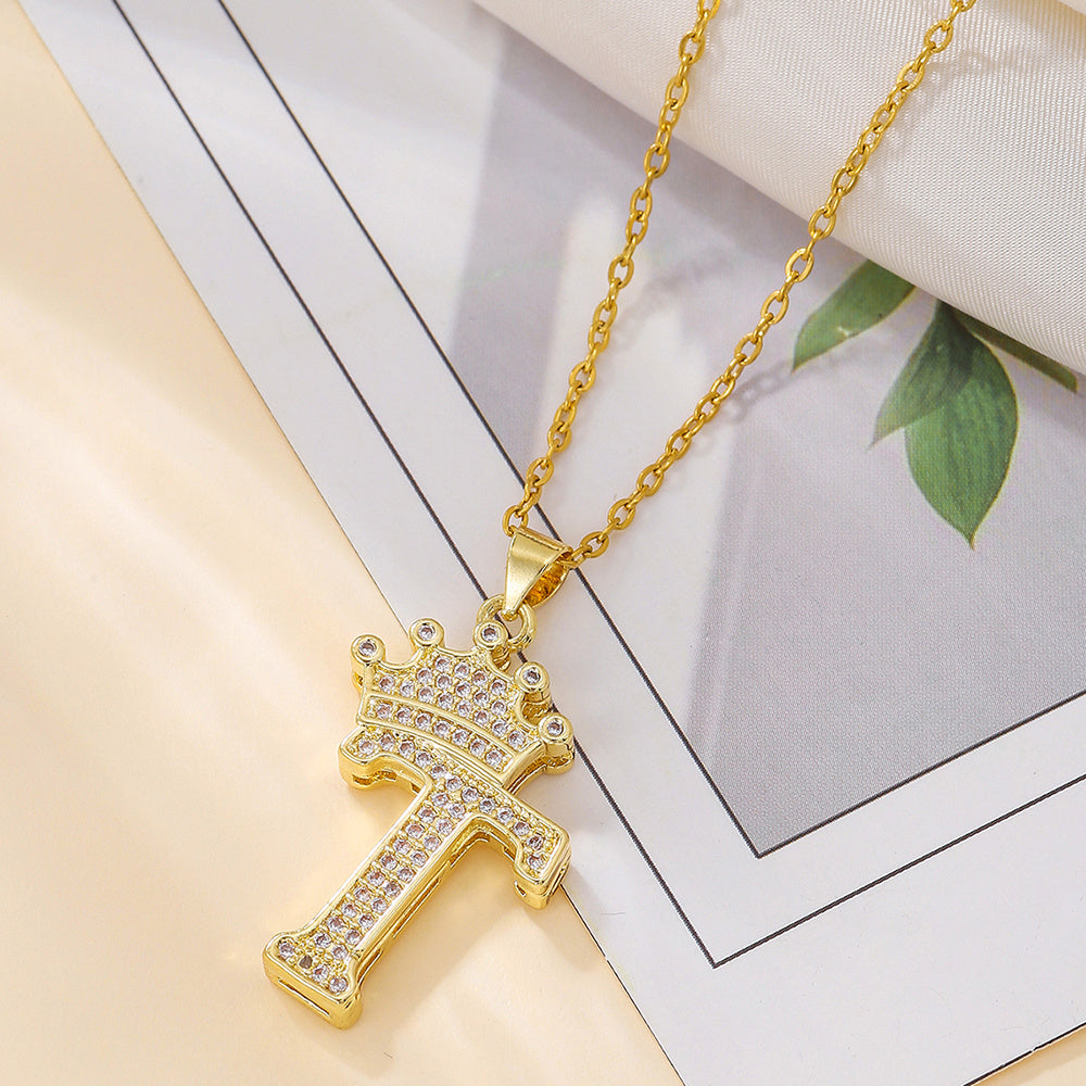 Gold Diamond Queen-City Crown Letter Necklace