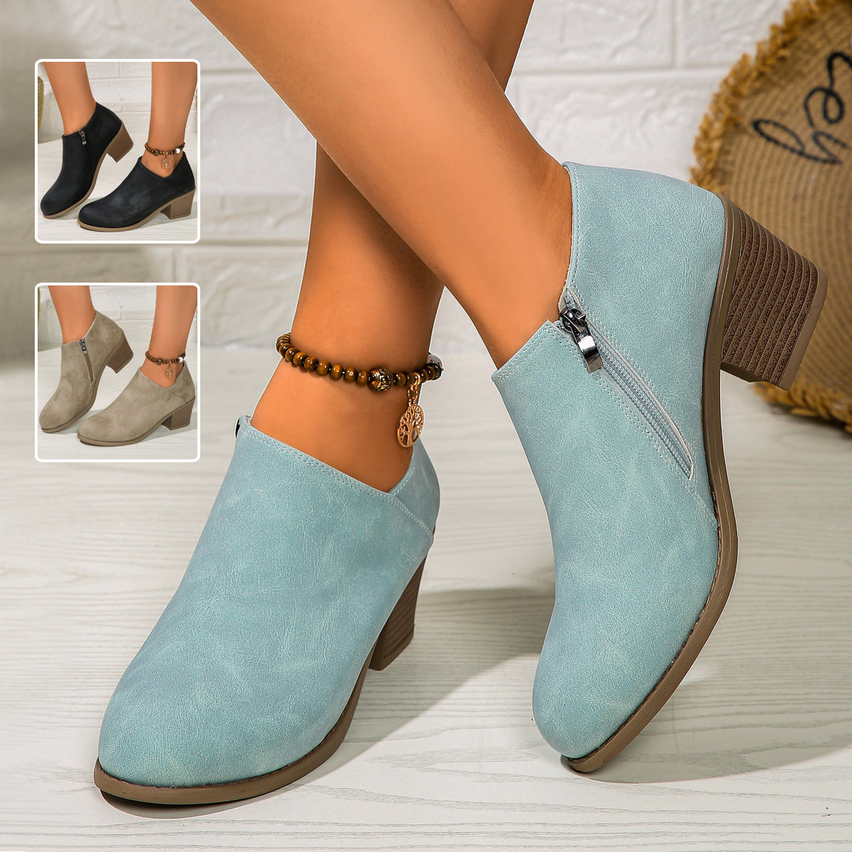 Chunky Round Heel Toe Ankle Boots