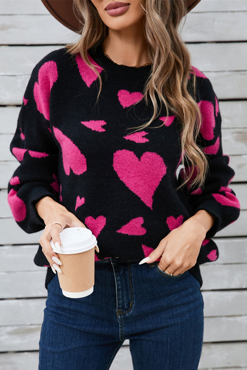 Angel Wings Heart Contrast Round Neck Long Sleeve Sweater