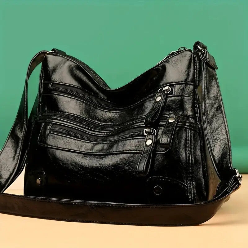 Womens Large Capacity Washed Leather Multi Zipper Messenger Bag