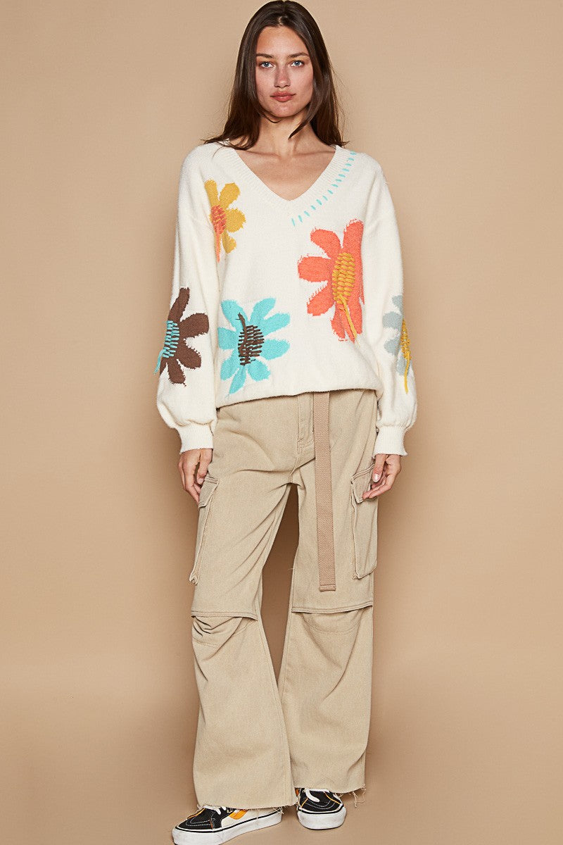 POL V-Neck Long Sleeve Flower Fringe Sweater