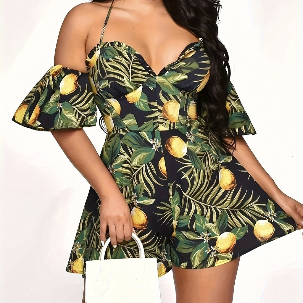 Women's Elegant Off-Shoulder Tropical Island Fruit Printed Jumpsuit With V-Neck, Ruffled Short Sleeves, Perfect for Vacation or Resort Wear
