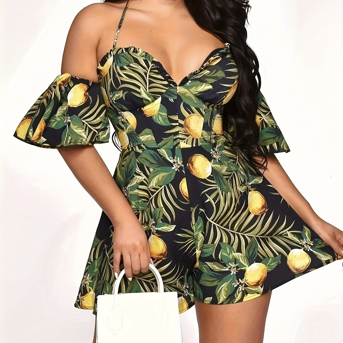 Women's Elegant Off-Shoulder Tropical Island Fruit Printed Jumpsuit With V-Neck, Ruffled Short Sleeves, Perfect for Vacation or Resort Wear