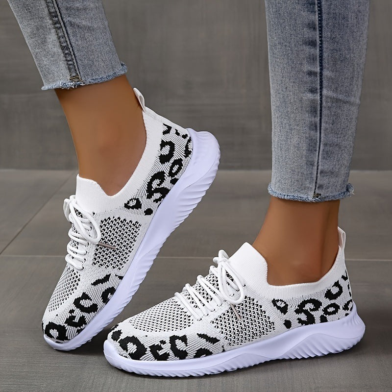 White Leopard Print Lace-up Sports Sneakers