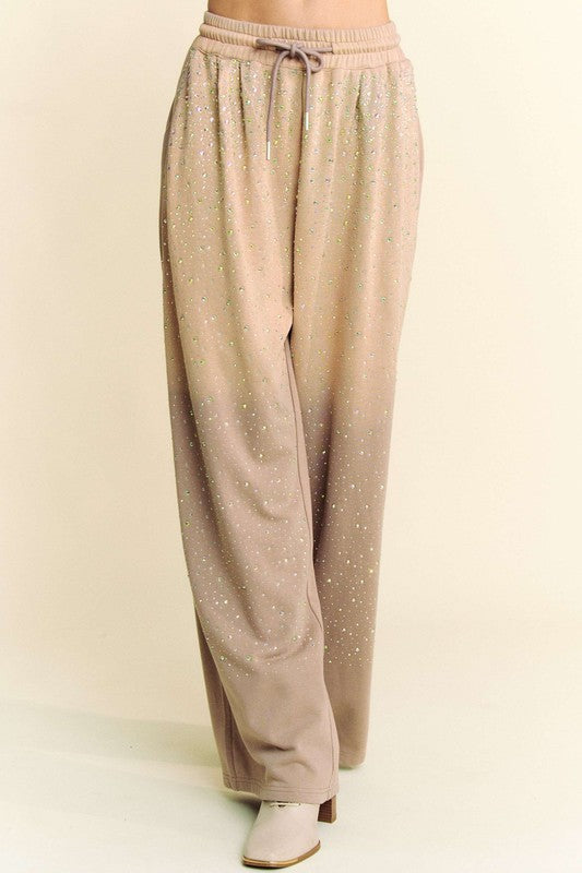 Davi & Dani Rhinestone Drawstring Wide Leg Pants