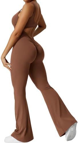 Womens Backless & Seamless Ruched Flare Yoga Jumpsuit
