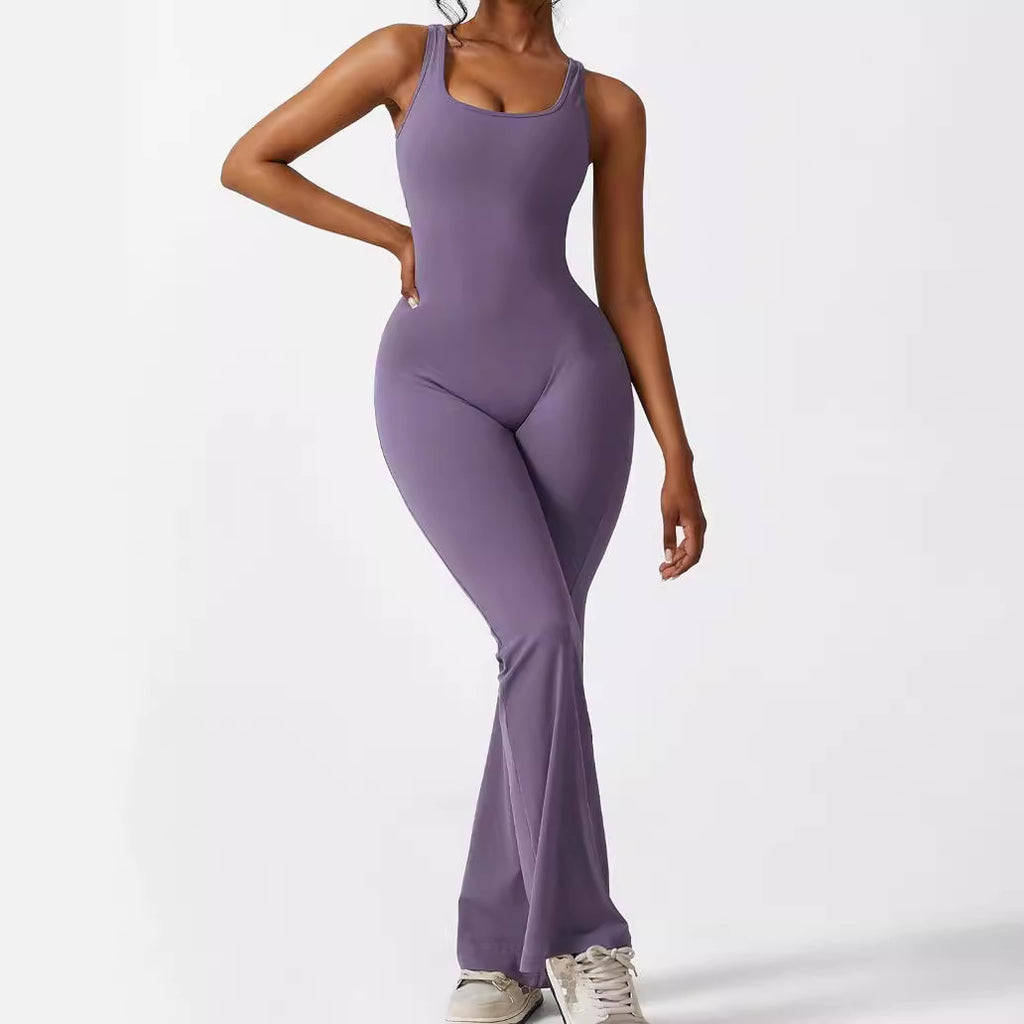 Womens Backless & Seamless Ruched Flare Yoga Jumpsuit
