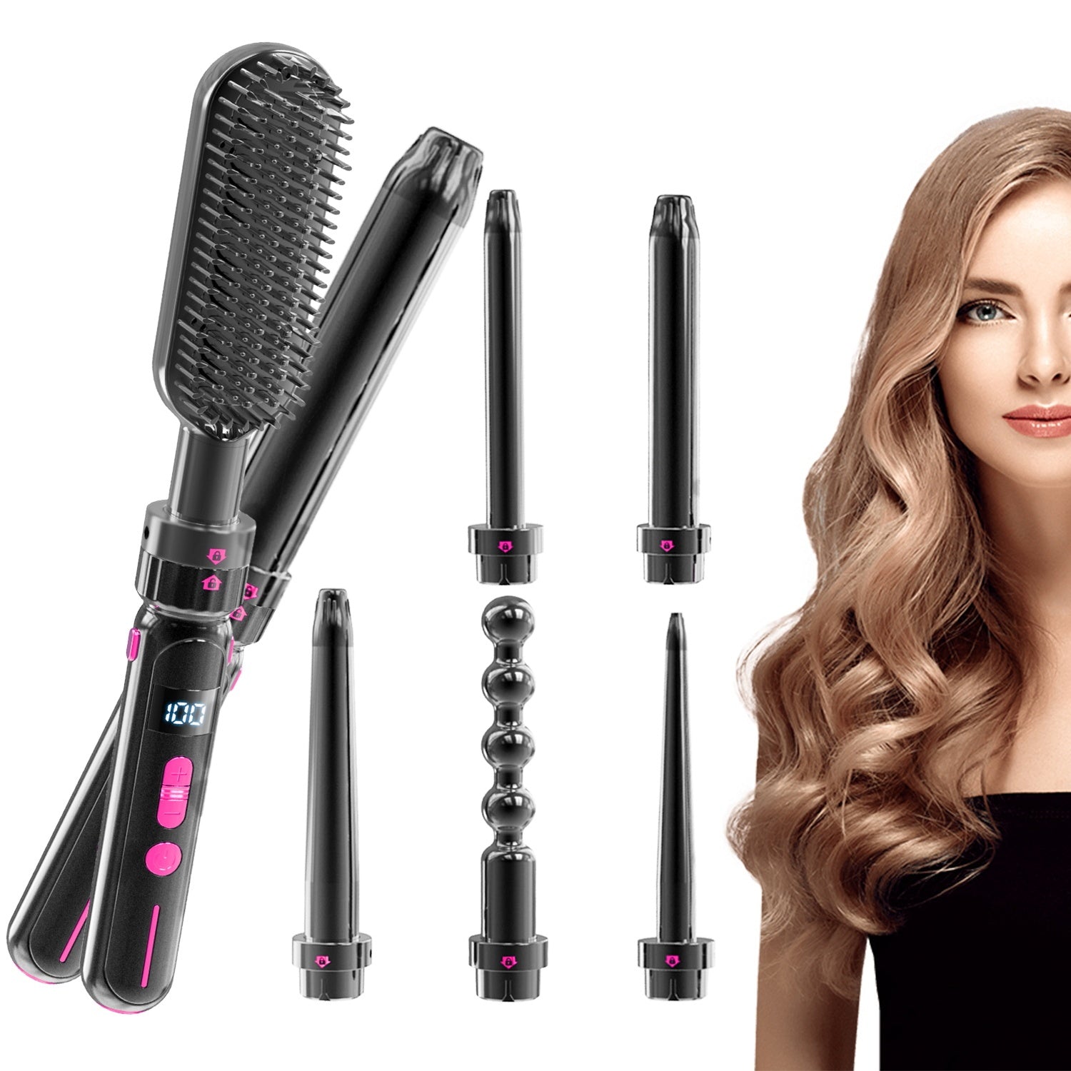 LUSTROUS HAIR 7-in-1 Curly & Straight Interchangeable Curling & Flat Iron Wand Set