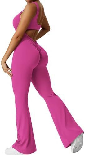 Womens Backless & Seamless Ruched Flare Yoga Jumpsuit