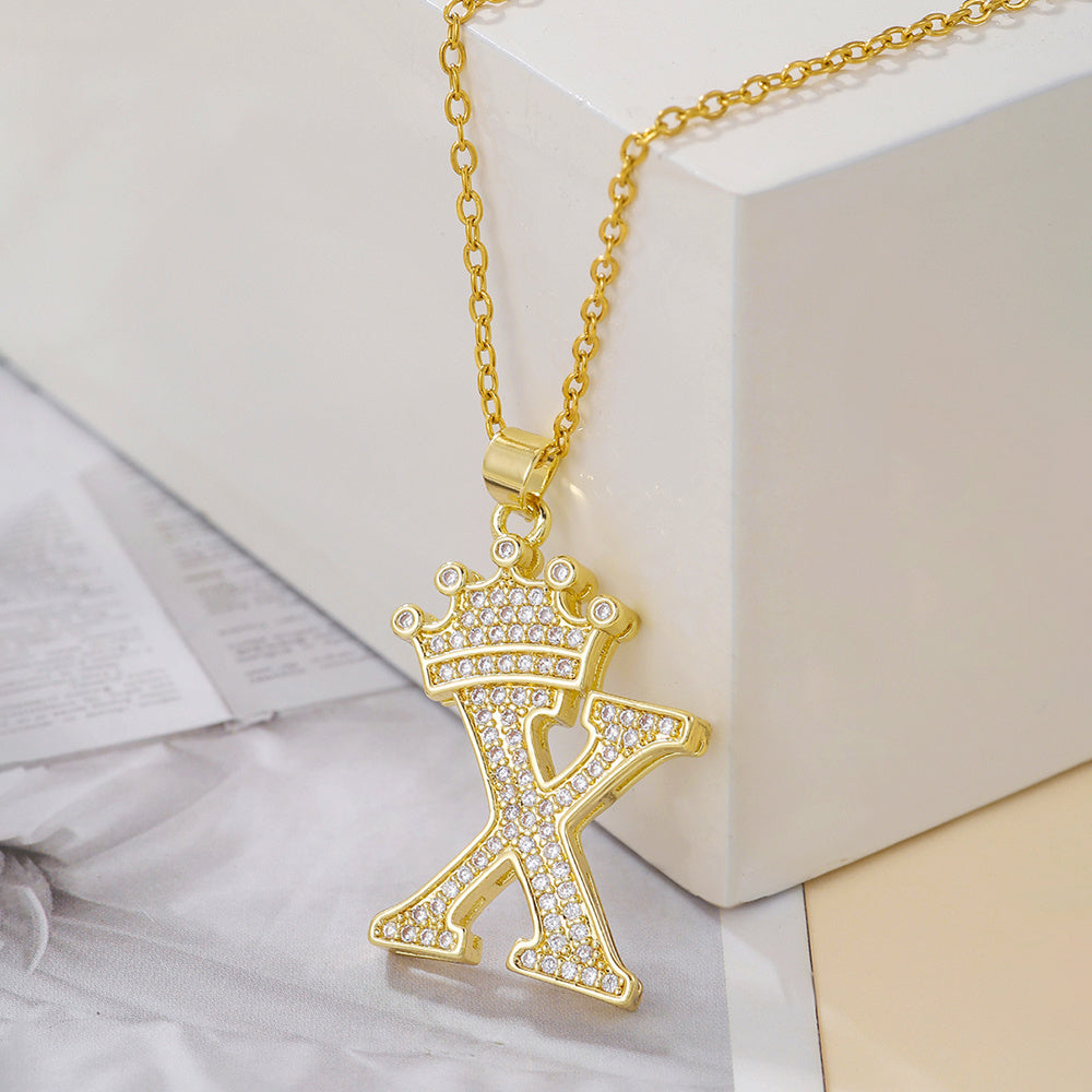 Gold Diamond Queen-City Crown Letter Necklace