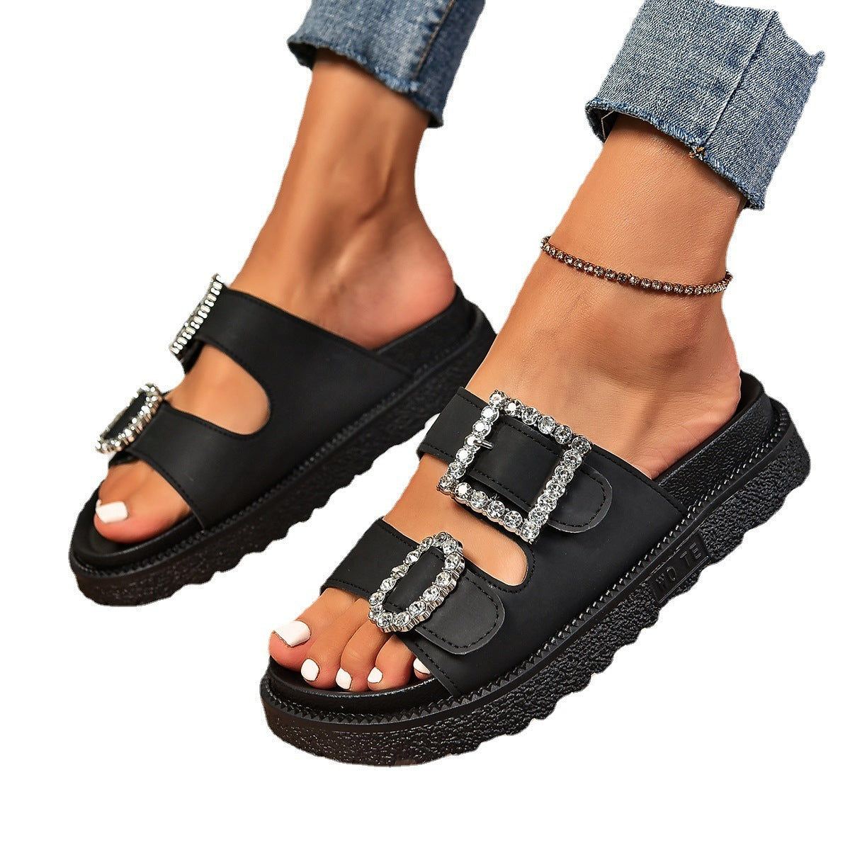 Rhinestone Accent Belt Buckle Platform Sandals