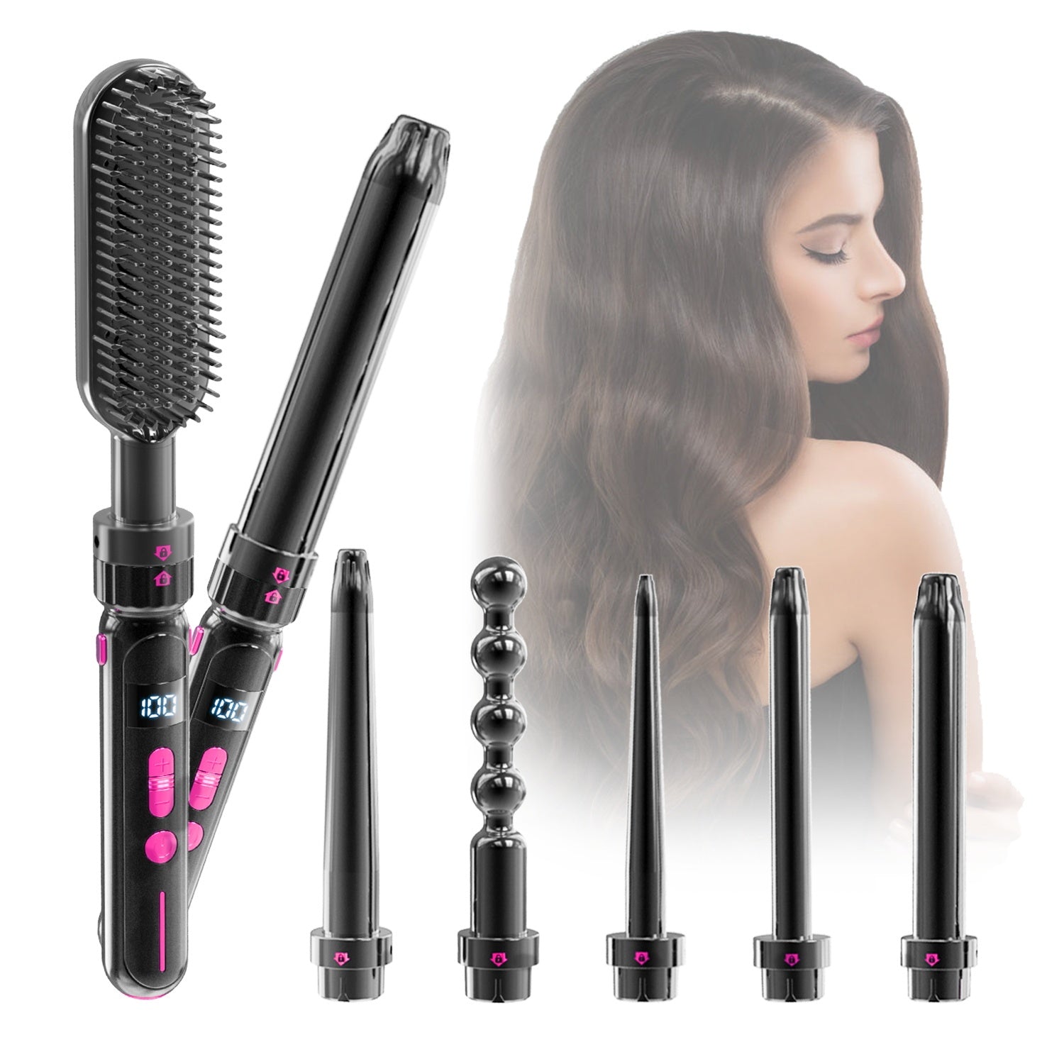 LUSTROUS HAIR 7-in-1 Curly & Straight Interchangeable Curling & Flat Iron Wand Set
