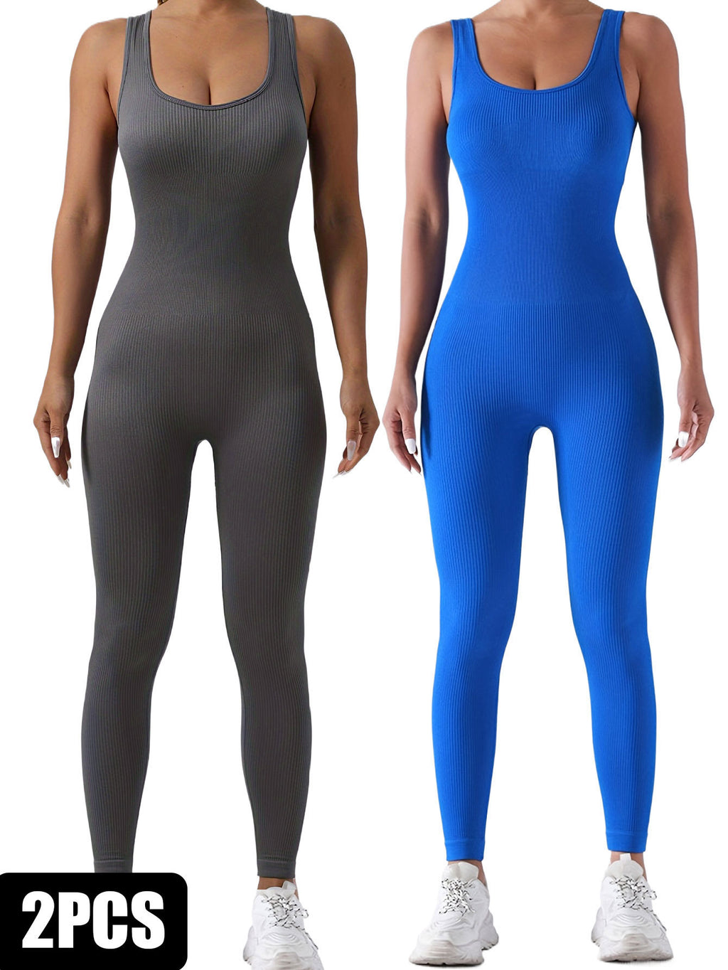 2 Pack Women's Ribbed Solid Color  Form-Fitting  Activewear One-Piece Jumpsuits