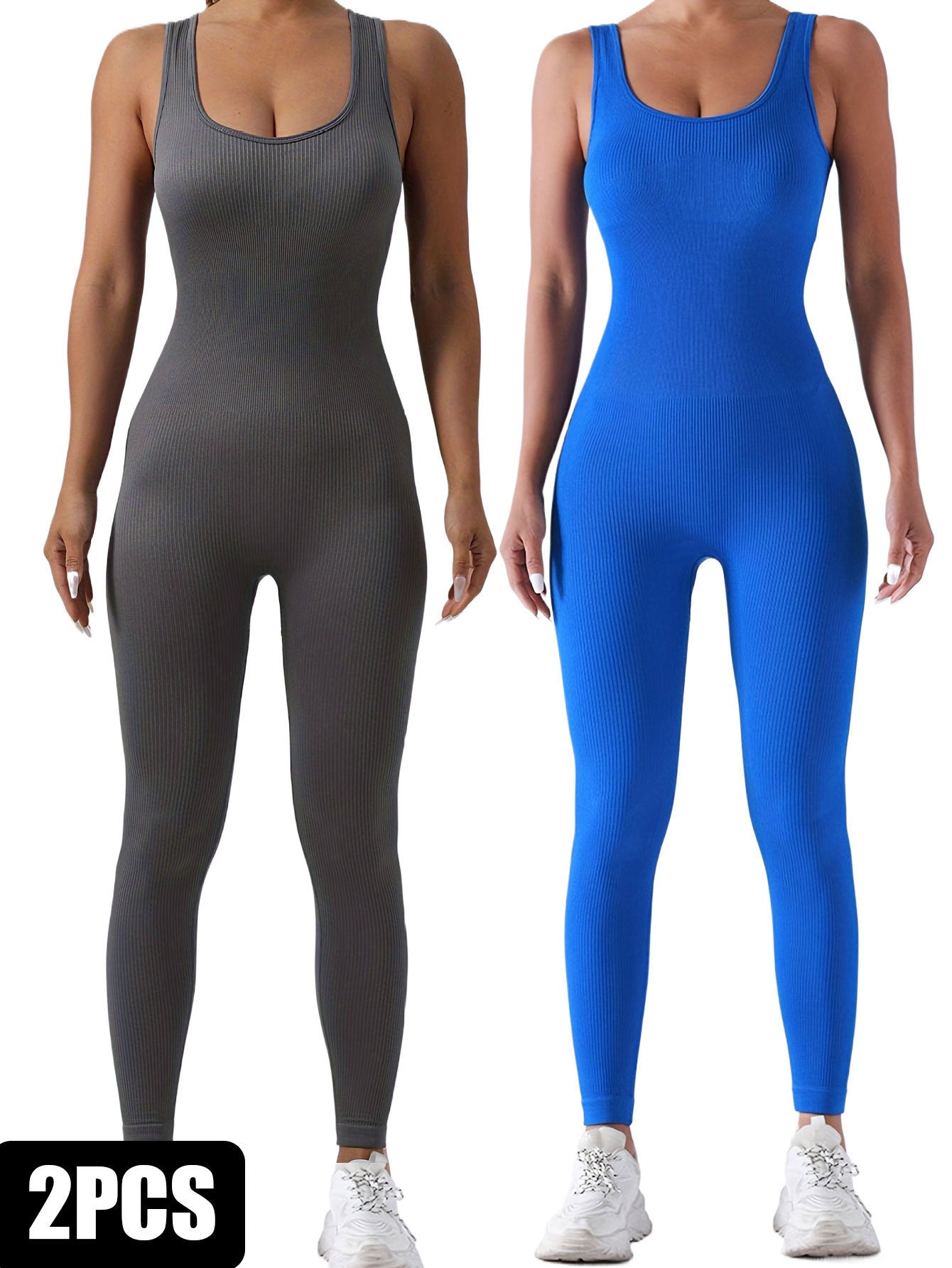 2 Pack Women's Ribbed Solid Color  Form-Fitting  Activewear One-Piece Jumpsuits