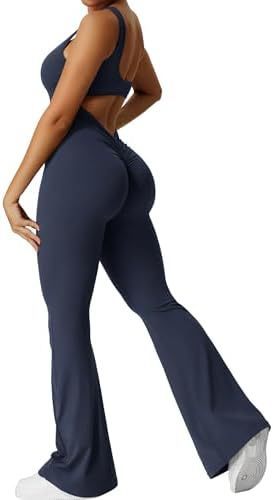 Womens Backless & Seamless Ruched Flare Yoga Jumpsuit