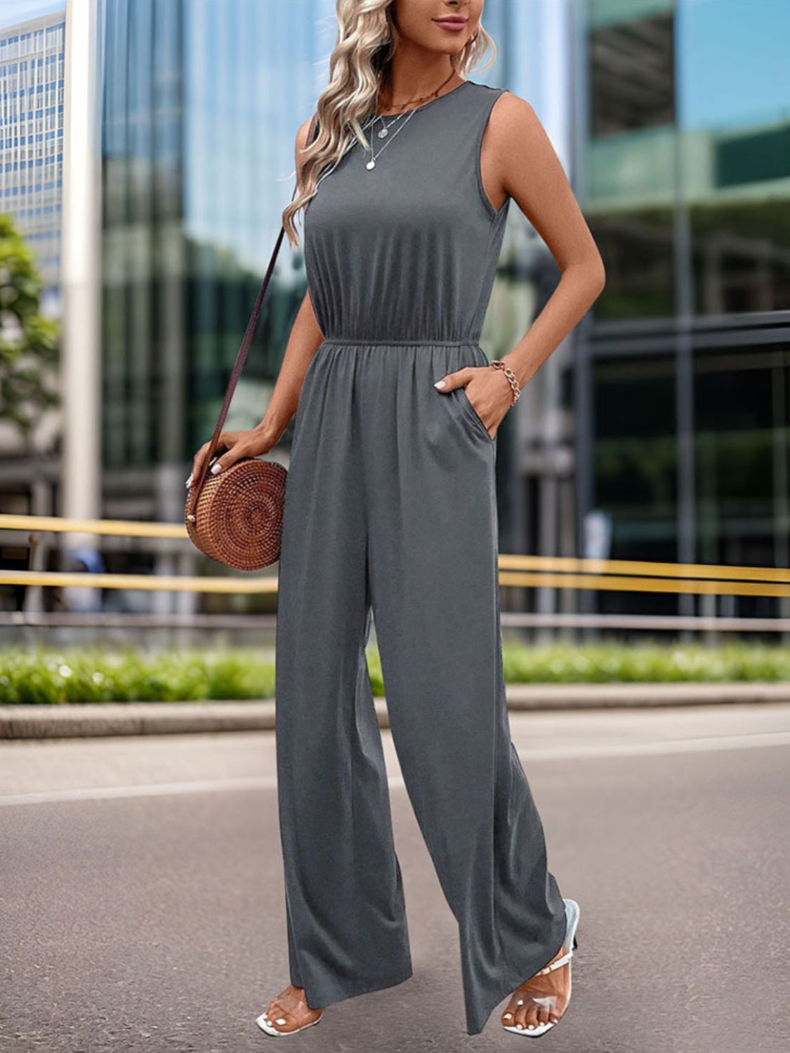 Perfee Round Neck Wide Leg Jumpsuit