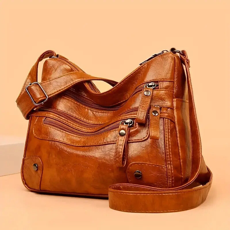 Womens Large Capacity Washed Leather Multi Zipper Messenger Bag