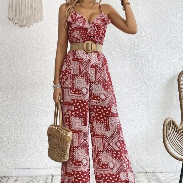 Women's Ruffle Edge Paisley Print Camisole Jumpsuit