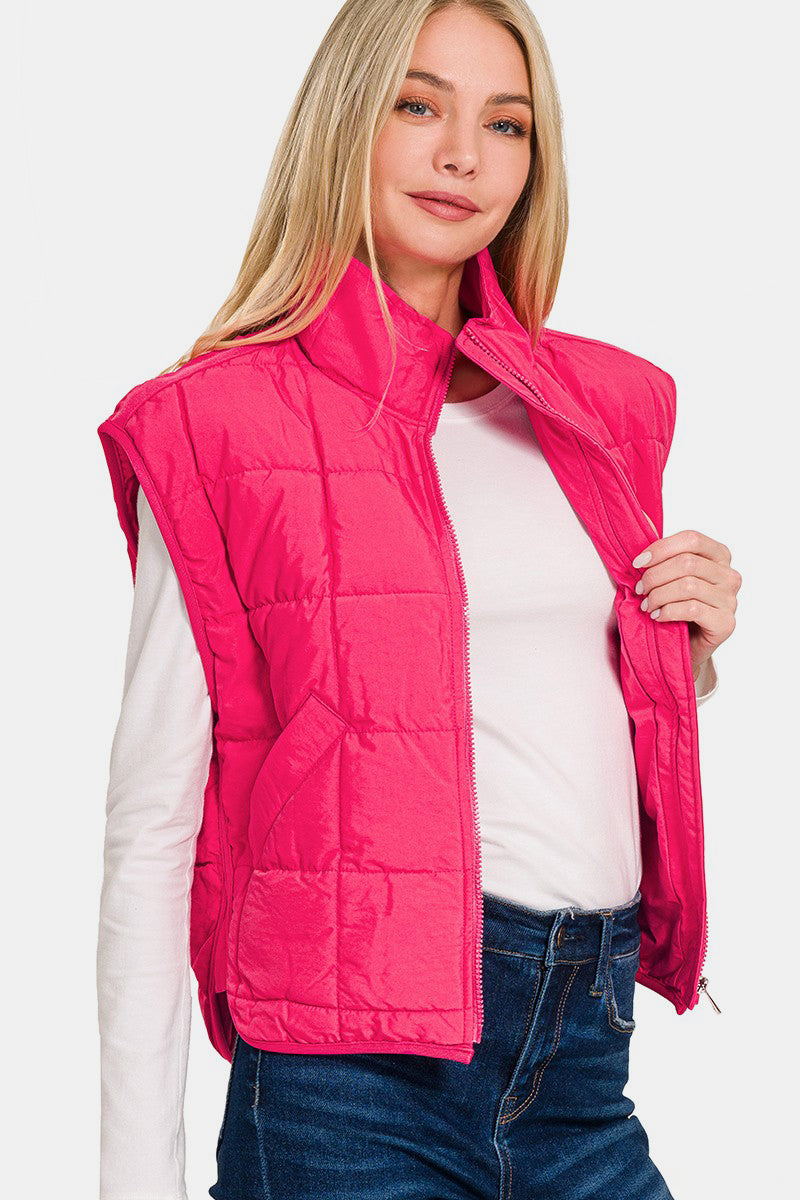 Zenana Zip Up Cropped Puffer Vest with Pockets