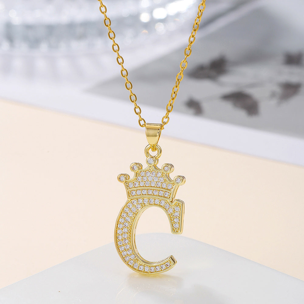 Gold Diamond Queen-City Crown Letter Necklace