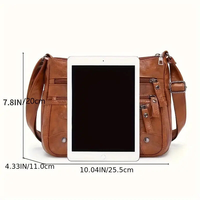 Womens Large Capacity Washed Leather Multi Zipper Messenger Bag