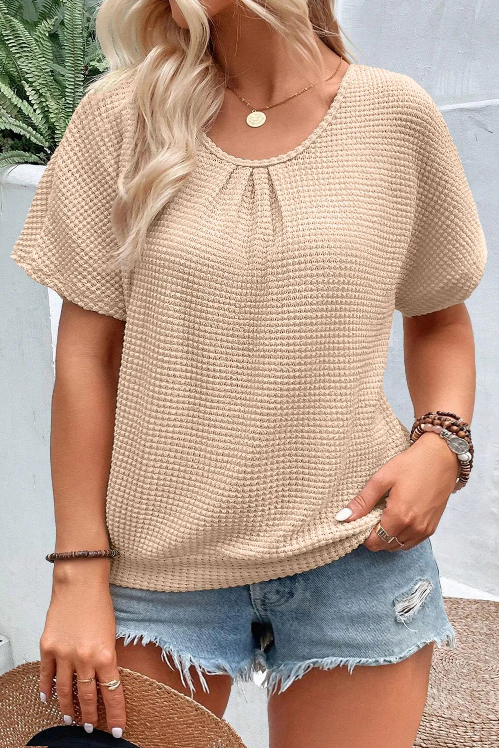 Plus Size Textured Lace Round Neck Short Sleeve T-Shirt