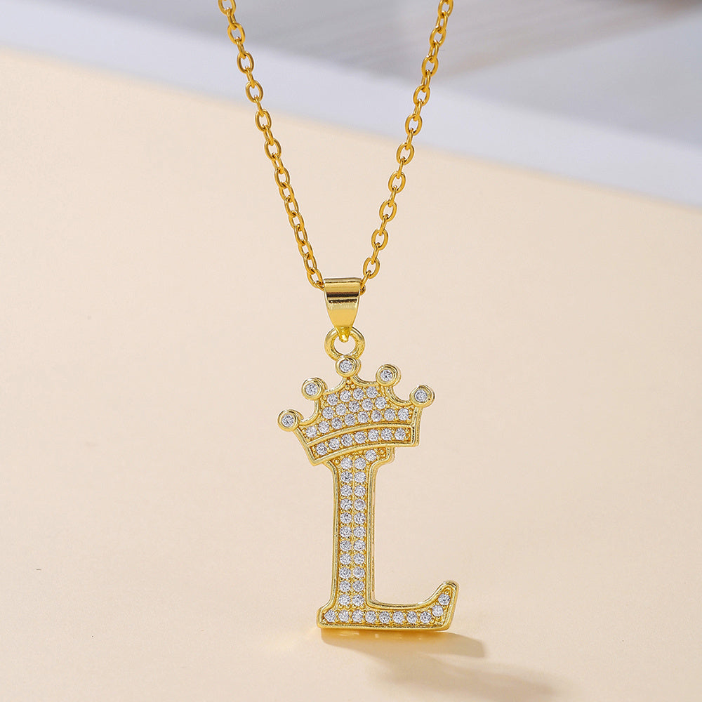 Gold Diamond Queen-City Crown Letter Necklace