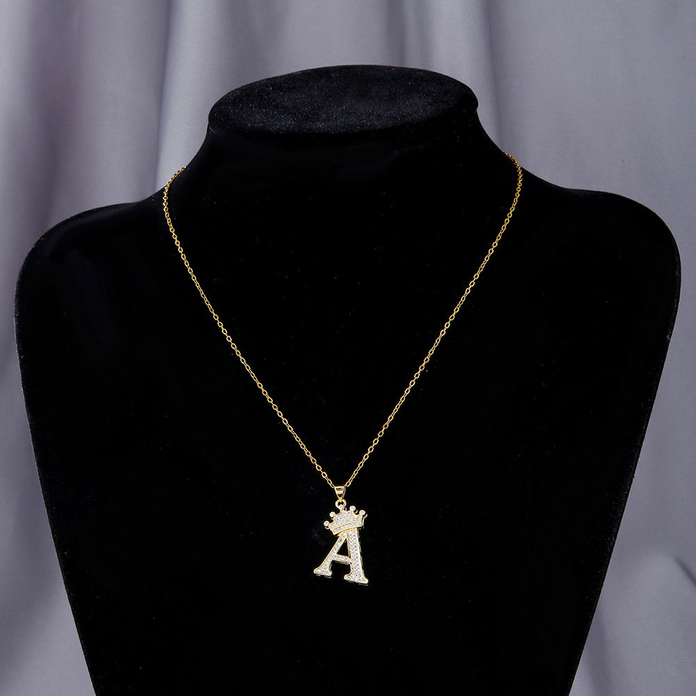 Gold Diamond Queen-City Crown Letter Necklace