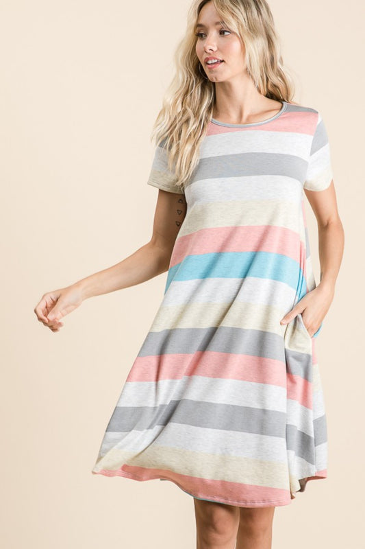 BOMBOM Striped Short Sleeve Dress with Pockets