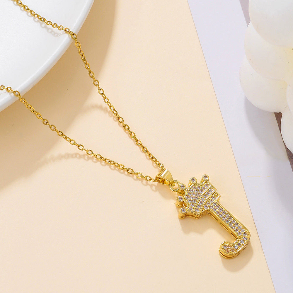 Gold Diamond Queen-City Crown Letter Necklace